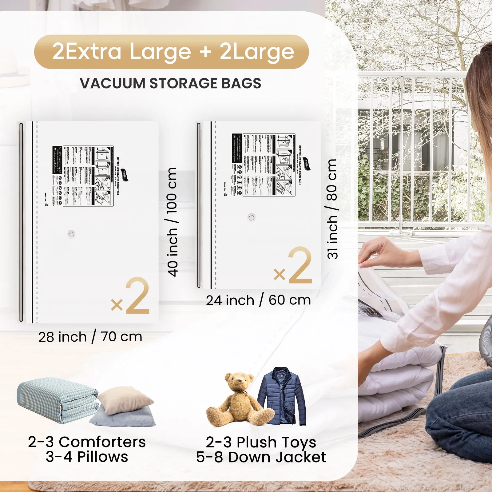 TAILI-LONG SIDE ZIP - Vacuum Storage Bags -Space Saver Vacuum Seal Bags for Under Bed Storage, Clothing and Comforter Storage, 3X More Storage Space - 2 Extra Large, 2 Large Vacuum Bags