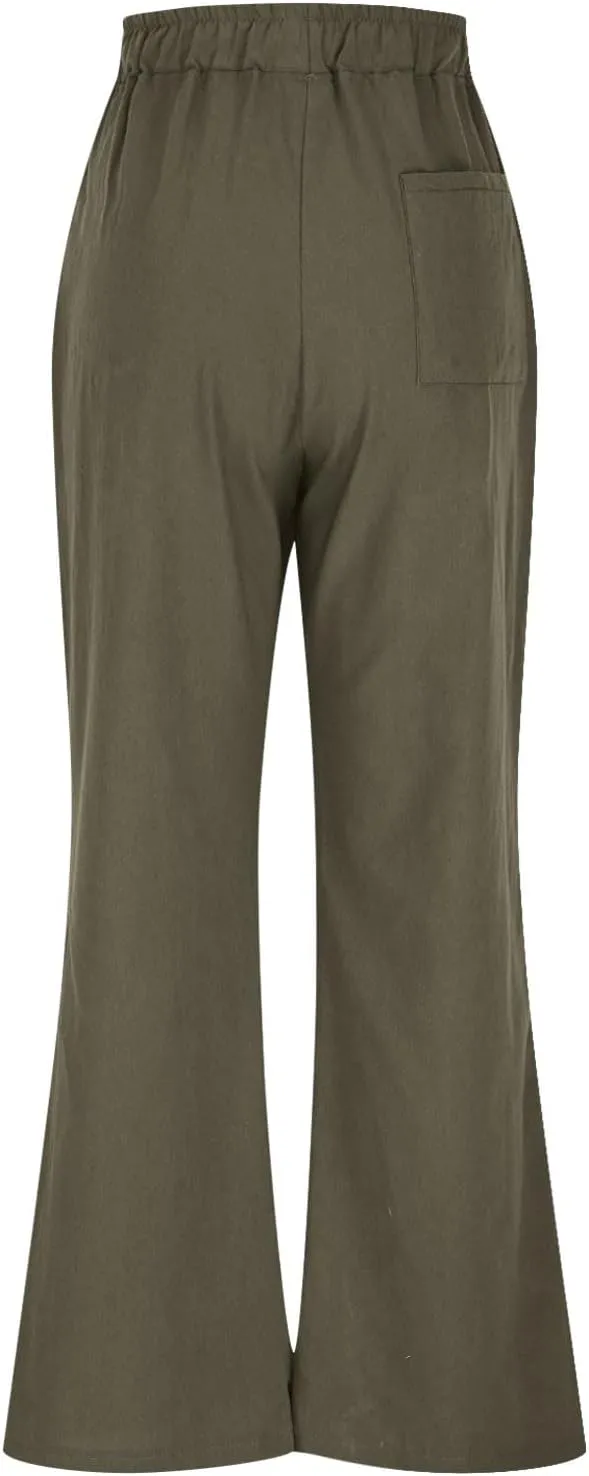 TANGNADE Womens Cotton Linen Pants with Pockets Straight Leg Loose Elastic High Waisted Comfy Summer Lounge Trousers