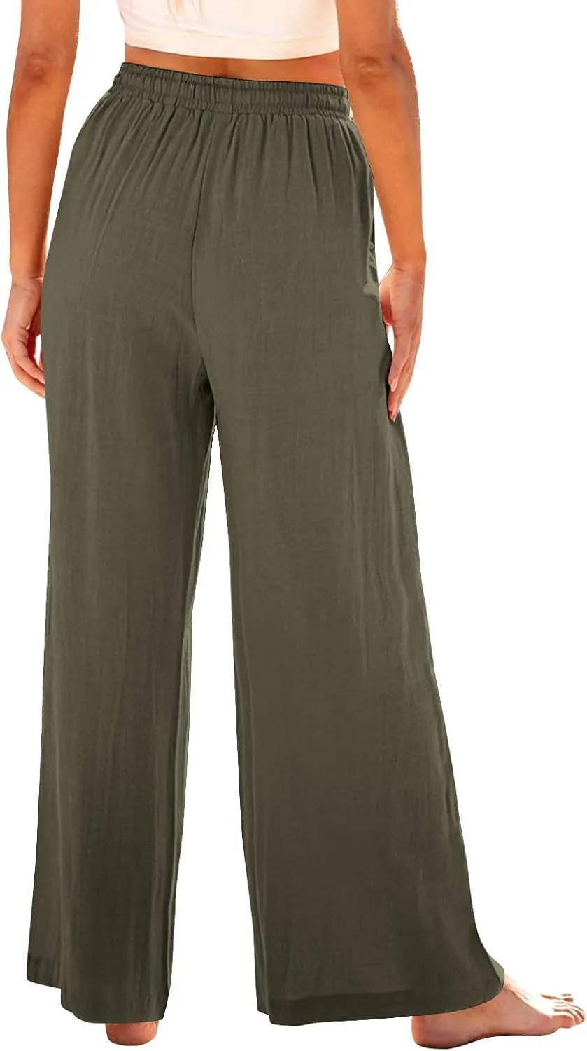 TANGNADE Womens Cotton Linen Pants with Pockets Straight Leg Loose Elastic High Waisted Comfy Summer Lounge Trousers