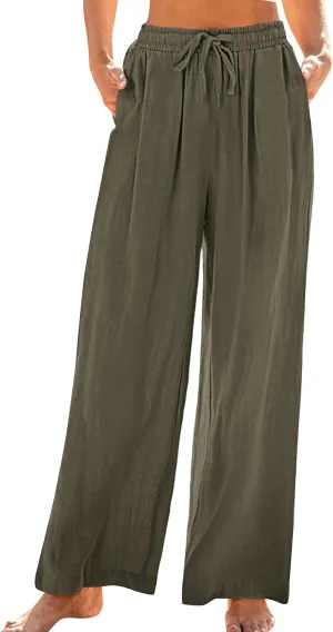 TANGNADE Womens Cotton Linen Pants with Pockets Straight Leg Loose Elastic High Waisted Comfy Summer Lounge Trousers