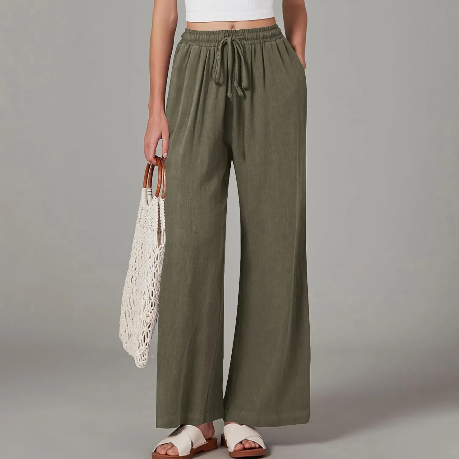 TANGNADE Womens Cotton Linen Pants with Pockets Straight Leg Loose Elastic High Waisted Comfy Summer Lounge Trousers