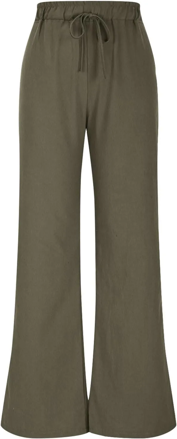 TANGNADE Womens Cotton Linen Pants with Pockets Straight Leg Loose Elastic High Waisted Comfy Summer Lounge Trousers