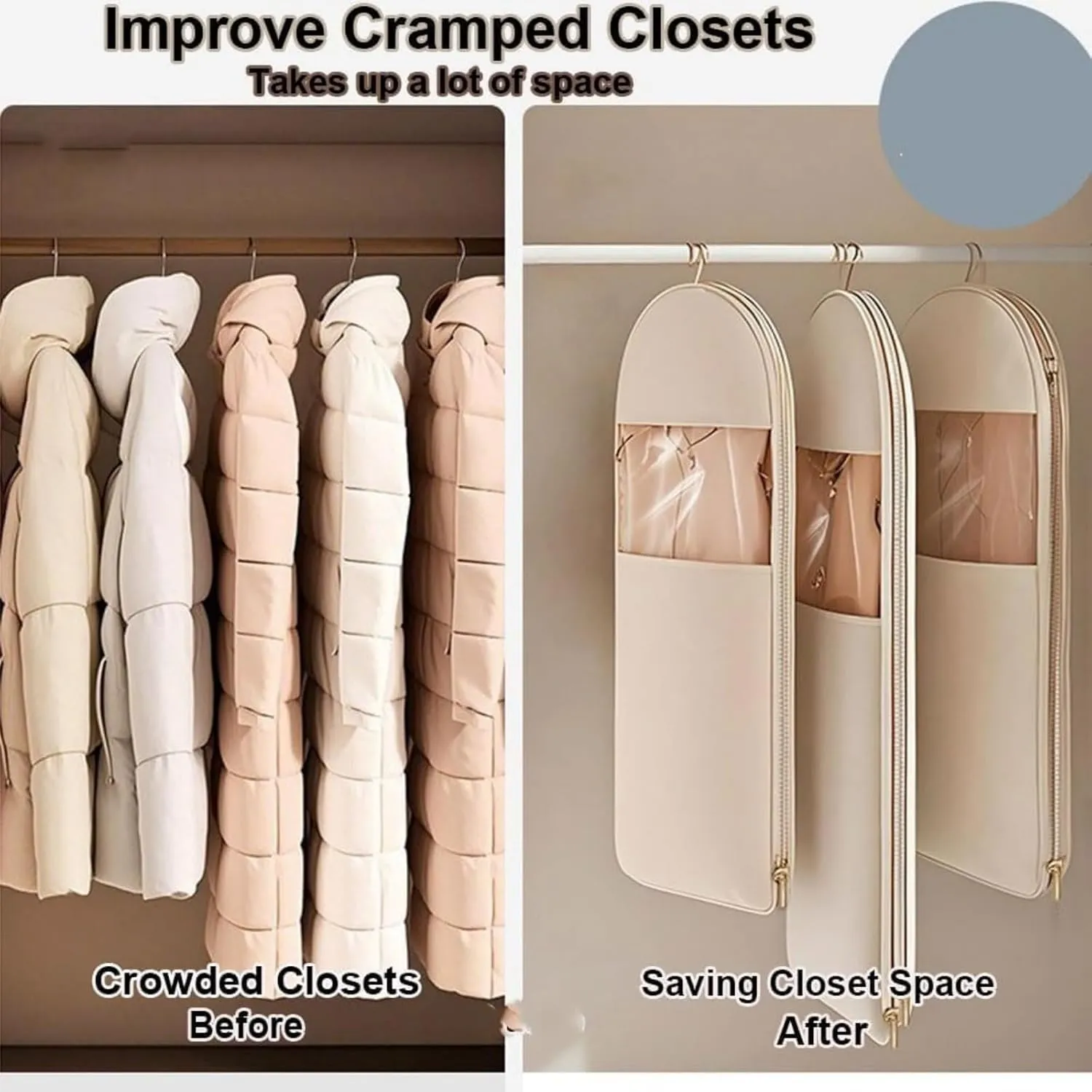 Taprinferior Hanging Garment Bag, Tapinterior Garment Bag, Space Saving Hanging GarmentBag with Self Compression Zipper, for Closet Storage (Beige, M)