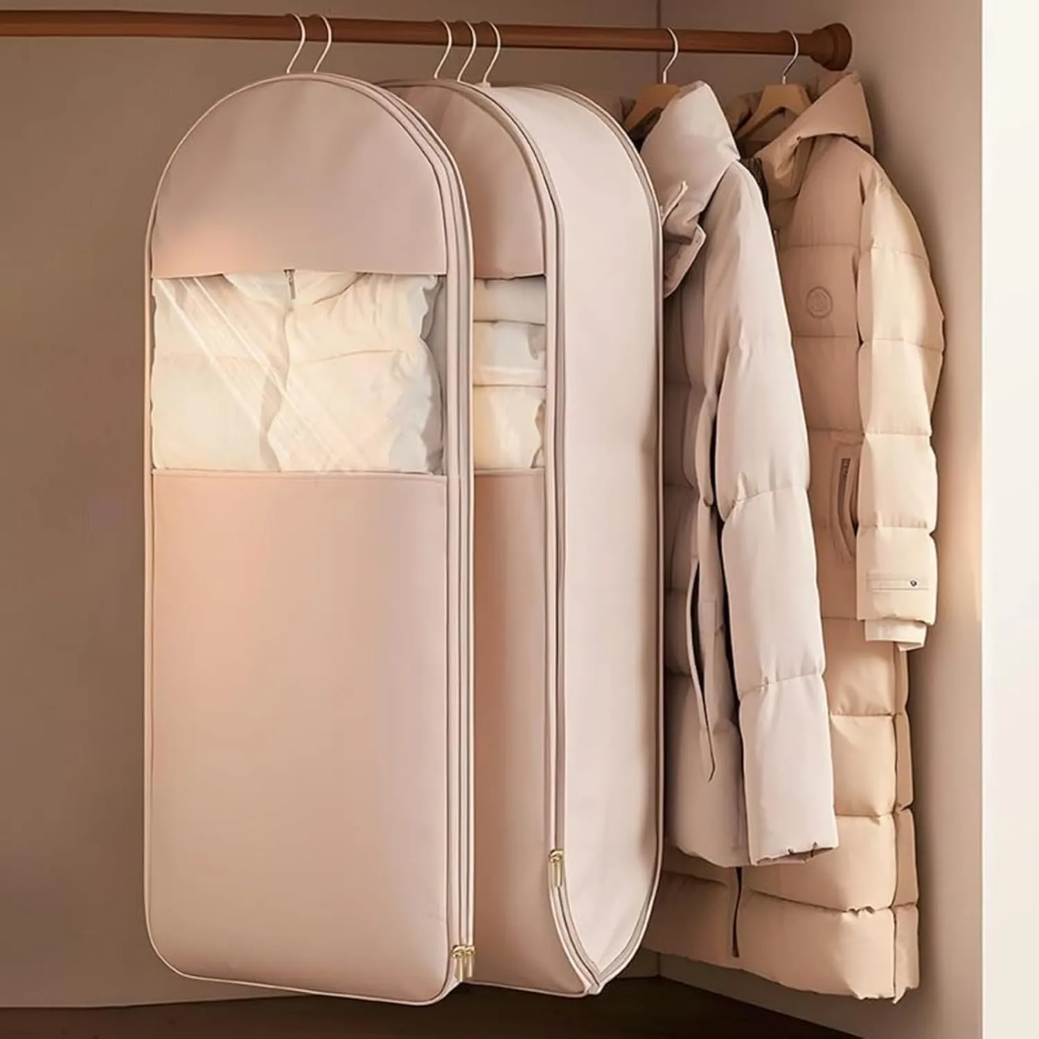 Taprinferior Hanging Garment Bag, Tapinterior Garment Bag, Space Saving Hanging GarmentBag with Self Compression Zipper, for Closet Storage (Beige, M)