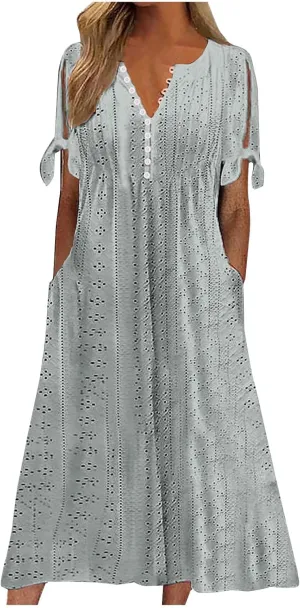 TARIENDY Eyelet Dress for Women 2025 Summer Boho Dresses Casual Short Sleeve Midi Dress Beach Vacation Outfits with Pockets
