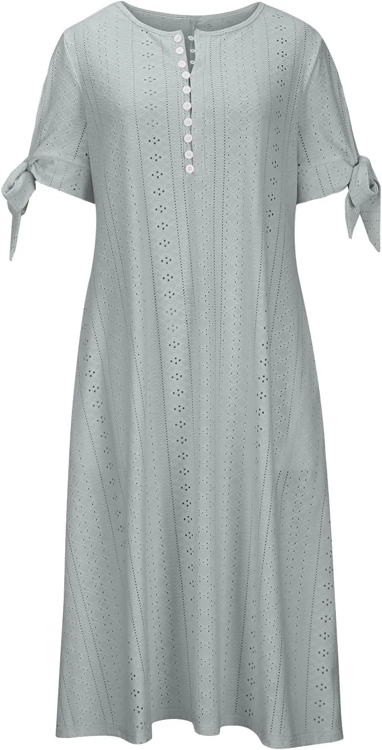 TARIENDY Eyelet Dress for Women 2025 Summer Boho Dresses Casual Short Sleeve Midi Dress Beach Vacation Outfits with Pockets