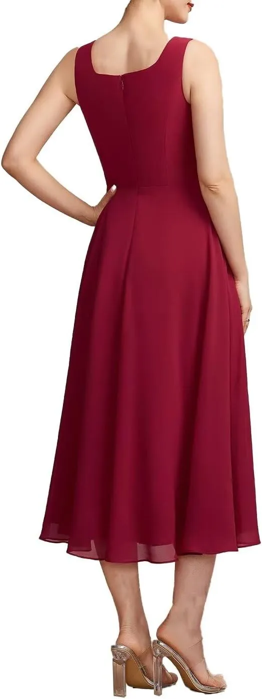 Tea Length Mother of The Bride Dresses for Women Two-Piece with Lace Appliques Jacket Chiffon Formal Evening Gowns