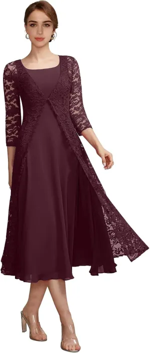 Tea Length Mother of The Bride Dresses for Women Two-Piece with Lace Appliques Jacket Chiffon Formal Evening Gowns