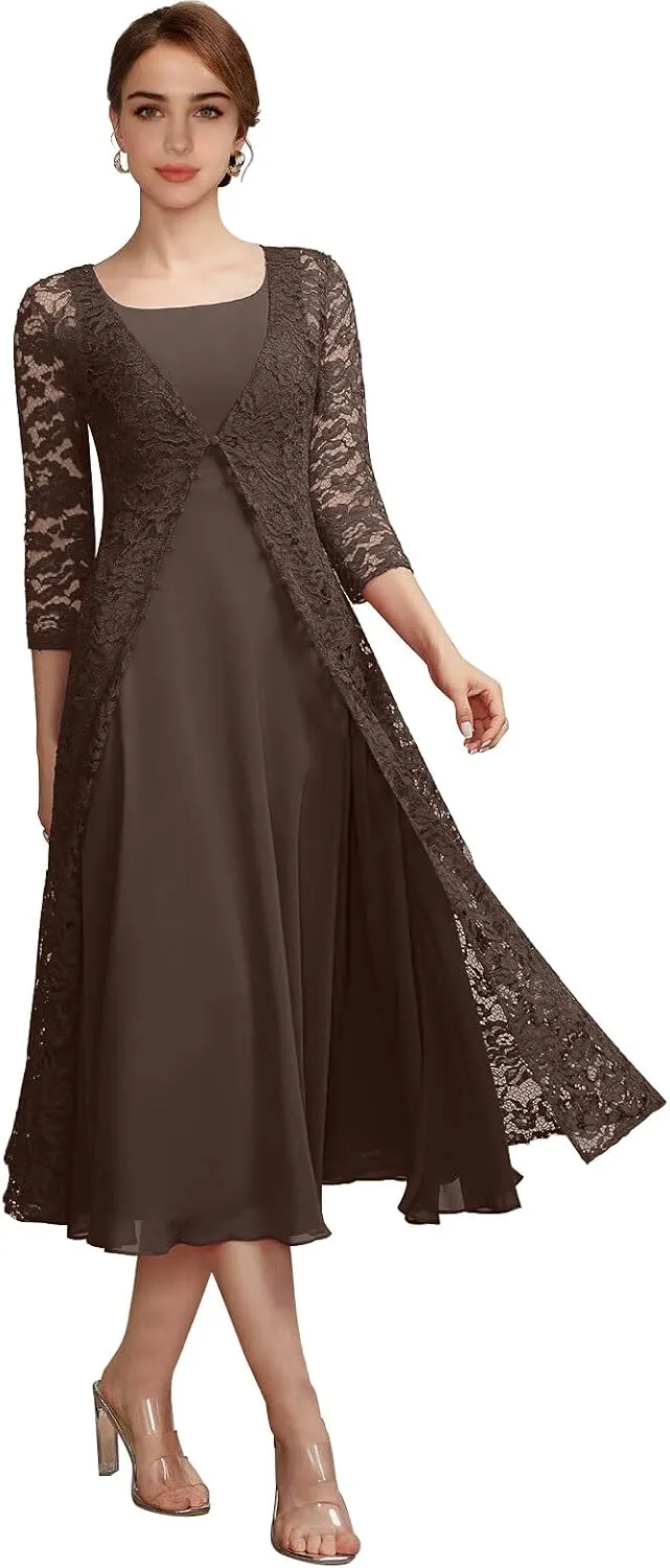Tea Length Mother of The Bride Dresses for Women Two-Piece with Lace Appliques Jacket Chiffon Formal Evening Gowns