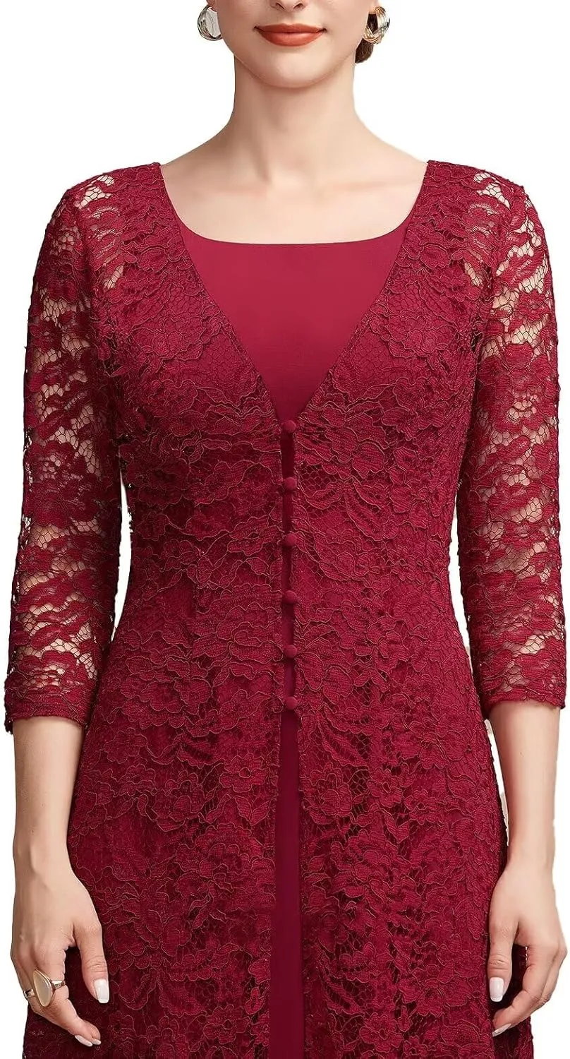 Tea Length Mother of The Bride Dresses for Women Two-Piece with Lace Appliques Jacket Chiffon Formal Evening Gowns