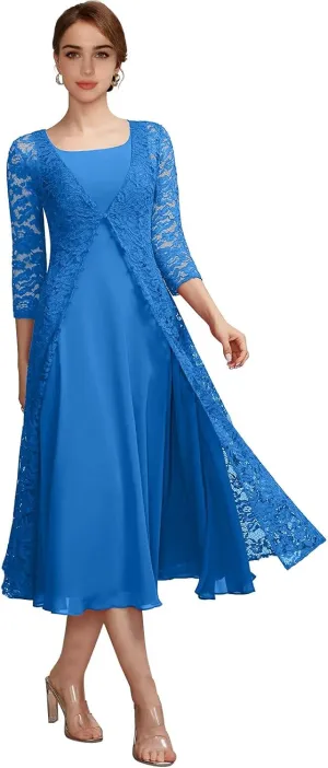 Tea Length Mother of The Bride Dresses for Women Two-Piece with Lace Appliques Jacket Chiffon Formal Evening Gowns