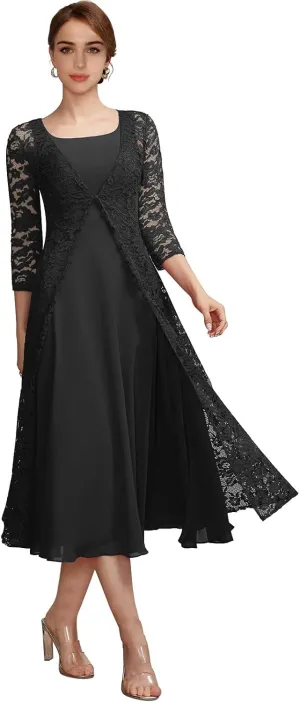 Tea Length Mother of The Bride Dresses for Women Two-Piece with Lace Appliques Jacket Chiffon Formal Evening Gowns