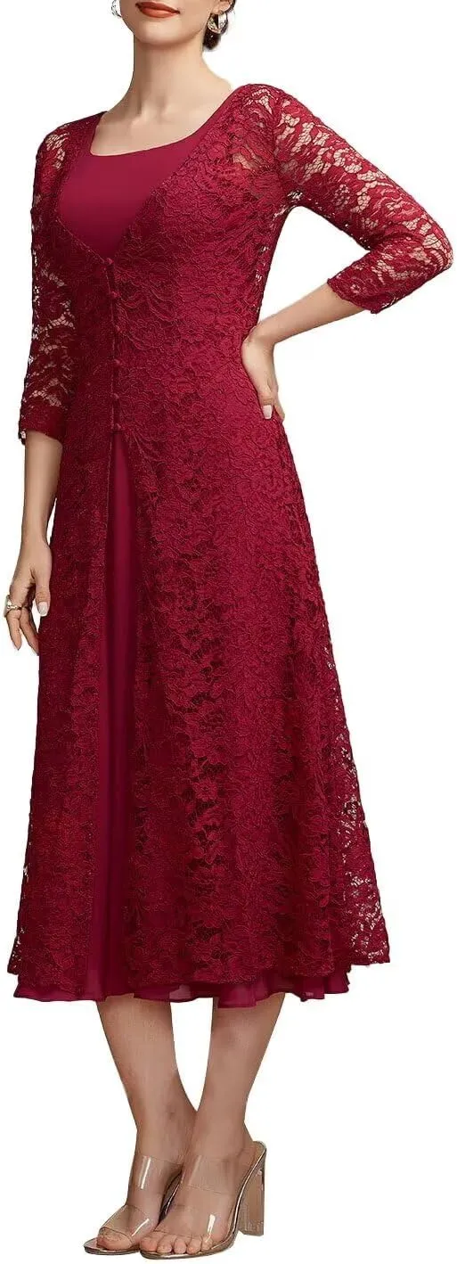 Tea Length Mother of The Bride Dresses for Women Two-Piece with Lace Appliques Jacket Chiffon Formal Evening Gowns