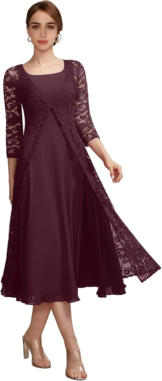 Tea Length Mother of The Bride Dresses for Women Two-Piece with Lace Appliques Jacket Chiffon Formal Evening Gowns