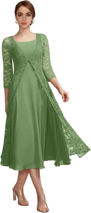 Tea Length Mother of The Bride Dresses for Women Two-Piece with Lace Appliques Jacket Chiffon Formal Evening Gowns