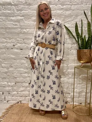 The Au Natural Button Through Blue Leaf Maxi Shirt Dress With Belt