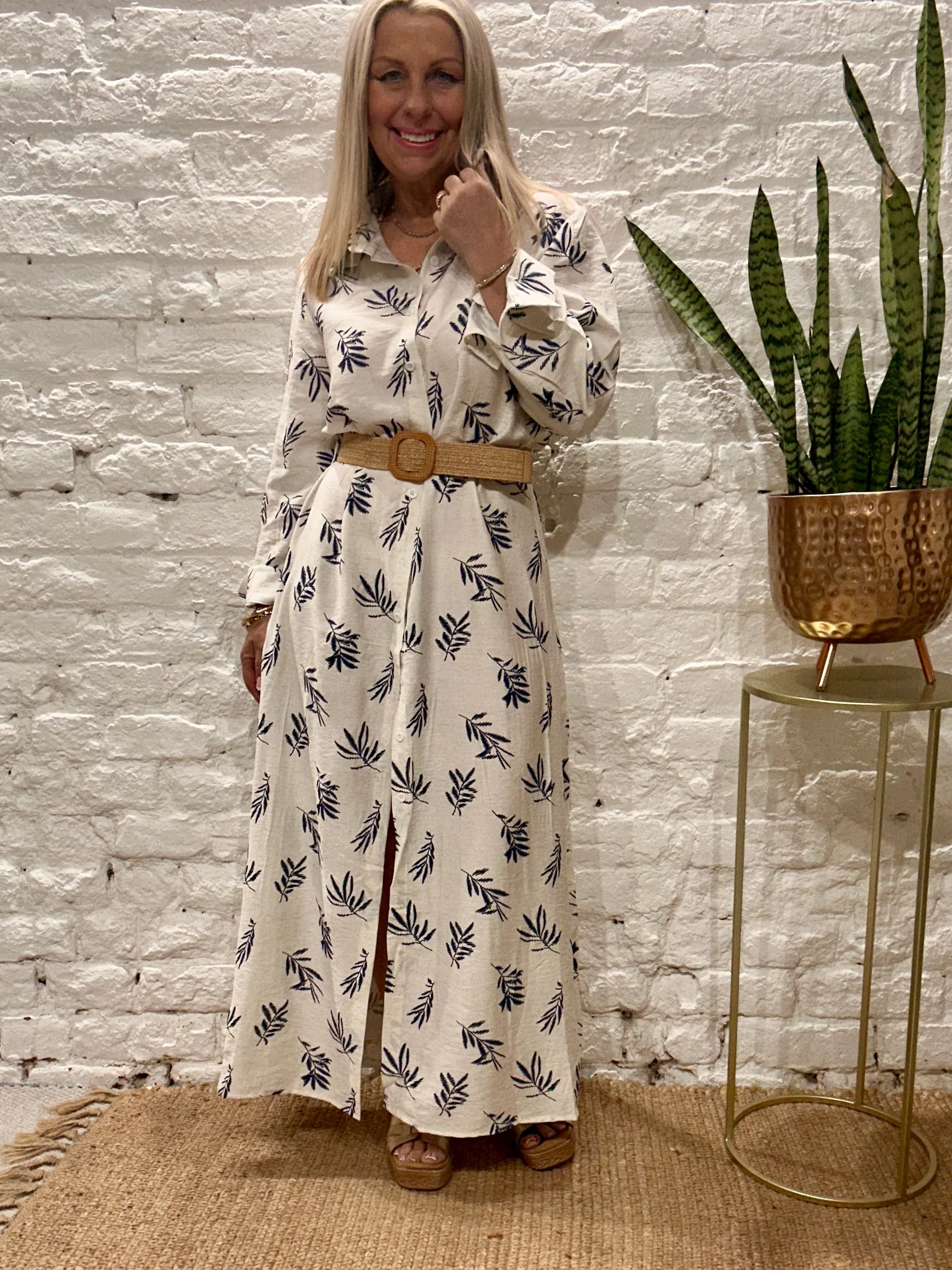 The Au Natural Button Through Blue Leaf Maxi Shirt Dress With Belt