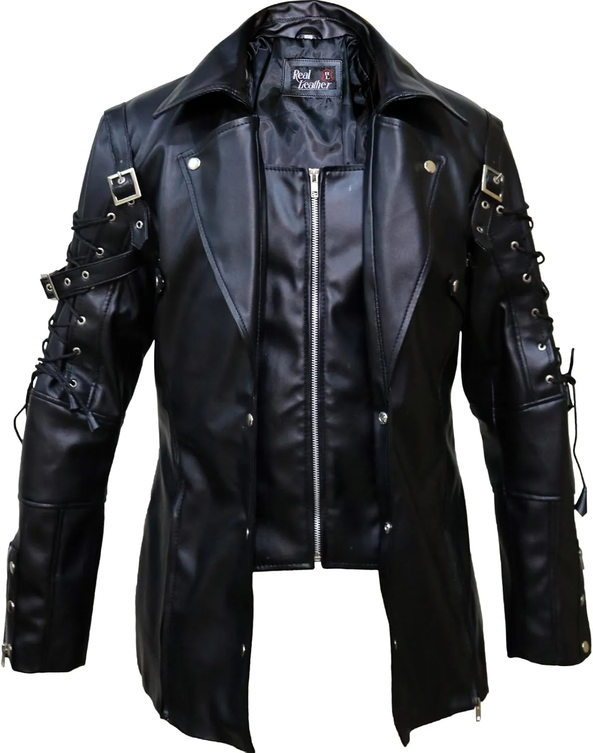 The Jasperz Punk Rave Poison Black & Maroon Jacket Mens Faux Leather Goth Steampunk Military Coat, XXS-3XL