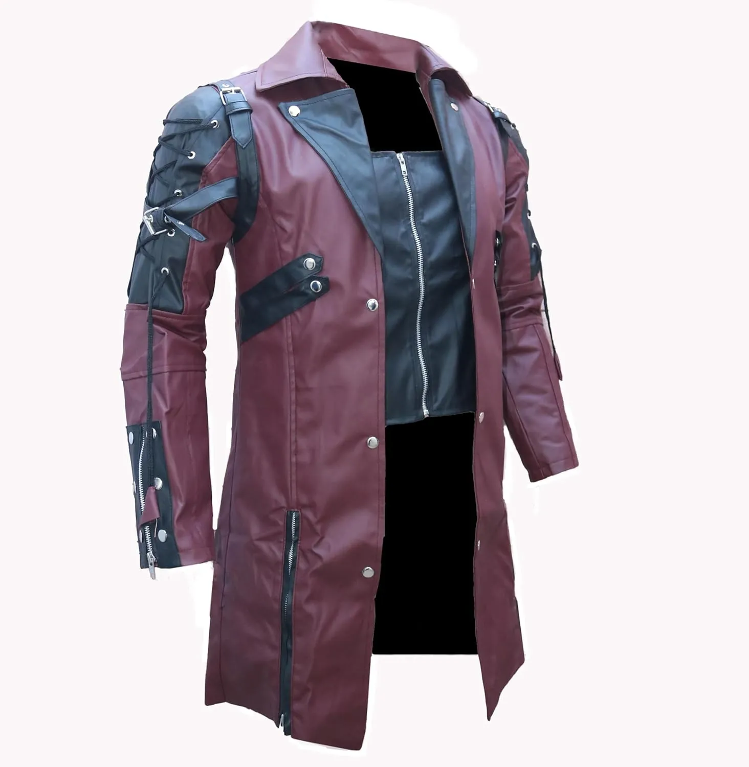 The Jasperz Punk Rave Poison Black & Maroon Jacket Mens Faux Leather Goth Steampunk Military Coat, XXS-3XL