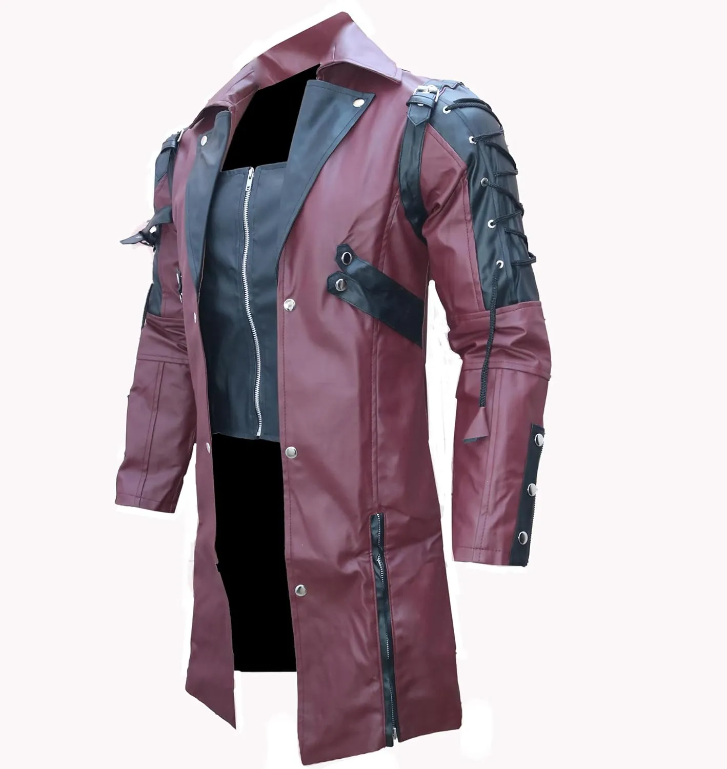 The Jasperz Punk Rave Poison Black & Maroon Jacket Mens Faux Leather Goth Steampunk Military Coat, XXS-3XL