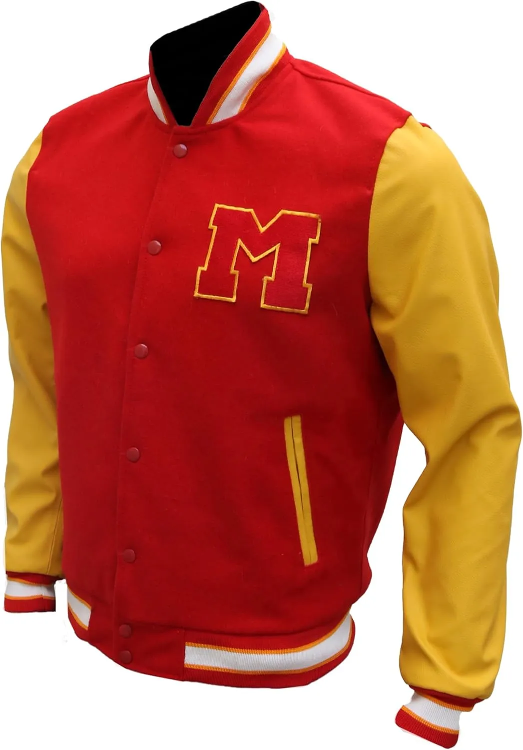 The Jasperz Thriler Red & Yellow M Logo Varsity Letterman Bomber Jacket - Wool and Faux Leather Bomber Jacket