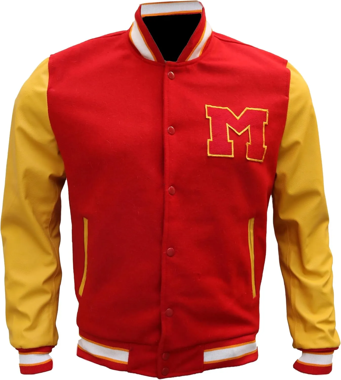 The Jasperz Thriler Red & Yellow M Logo Varsity Letterman Bomber Jacket - Wool and Faux Leather Bomber Jacket
