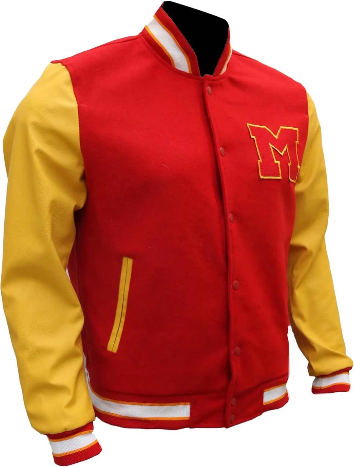 The Jasperz Thriler Red & Yellow M Logo Varsity Letterman Bomber Jacket - Wool and Faux Leather Bomber Jacket