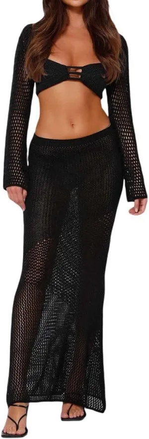 THLAI Summer 2 Piece Skirt Sets for Women Crochet Long Sleeve Crop Top and Maxi Skirt Sets Beach Vacation Outfits