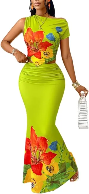 THLAI Women 2 Piece Skirt Sets Floral Crop Top and Fishtail Maxi Skirt Set Summer Vacation Outfits