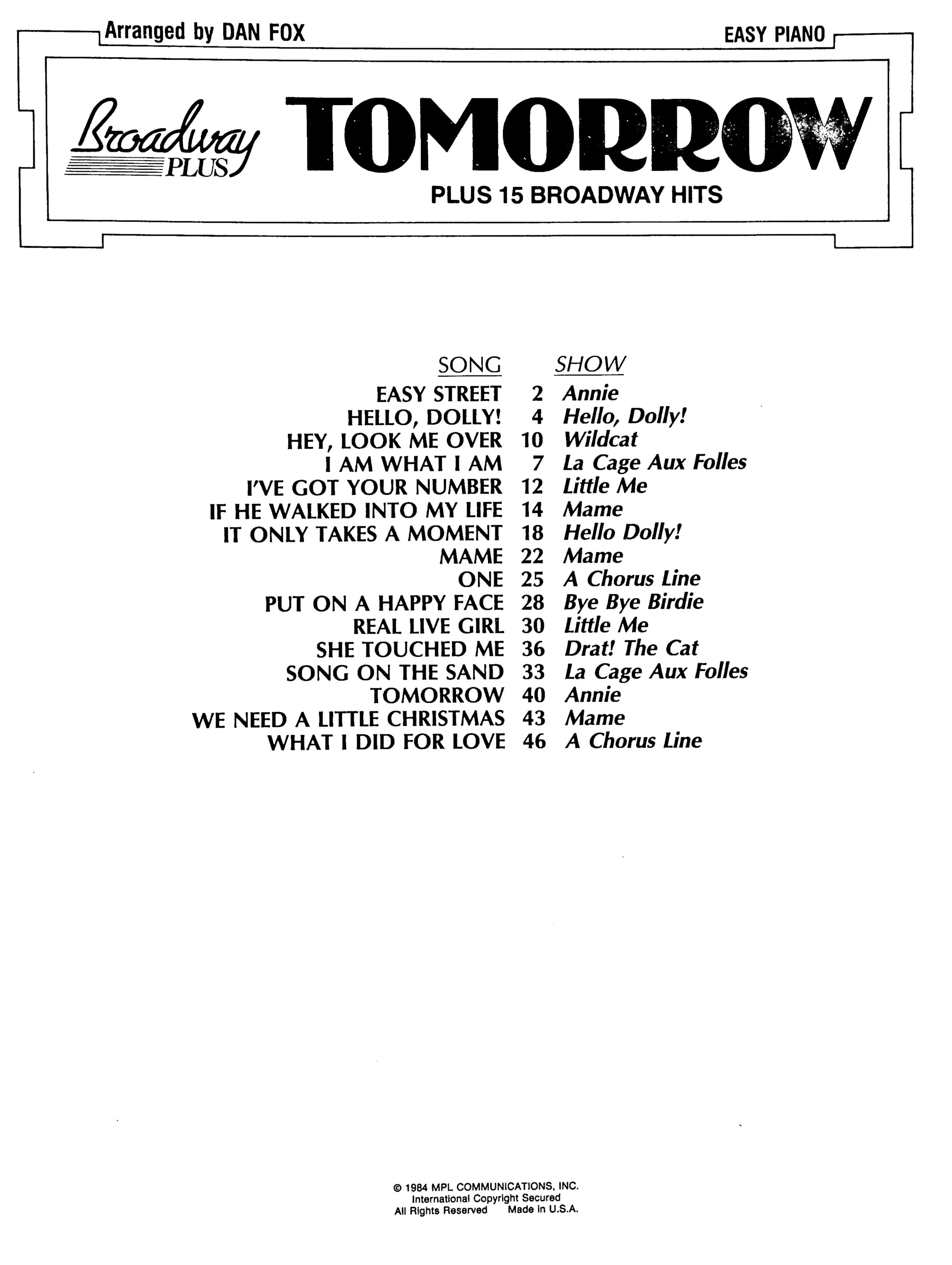 Tomorrow Plus 15 Broadway Hits - Easy Piano