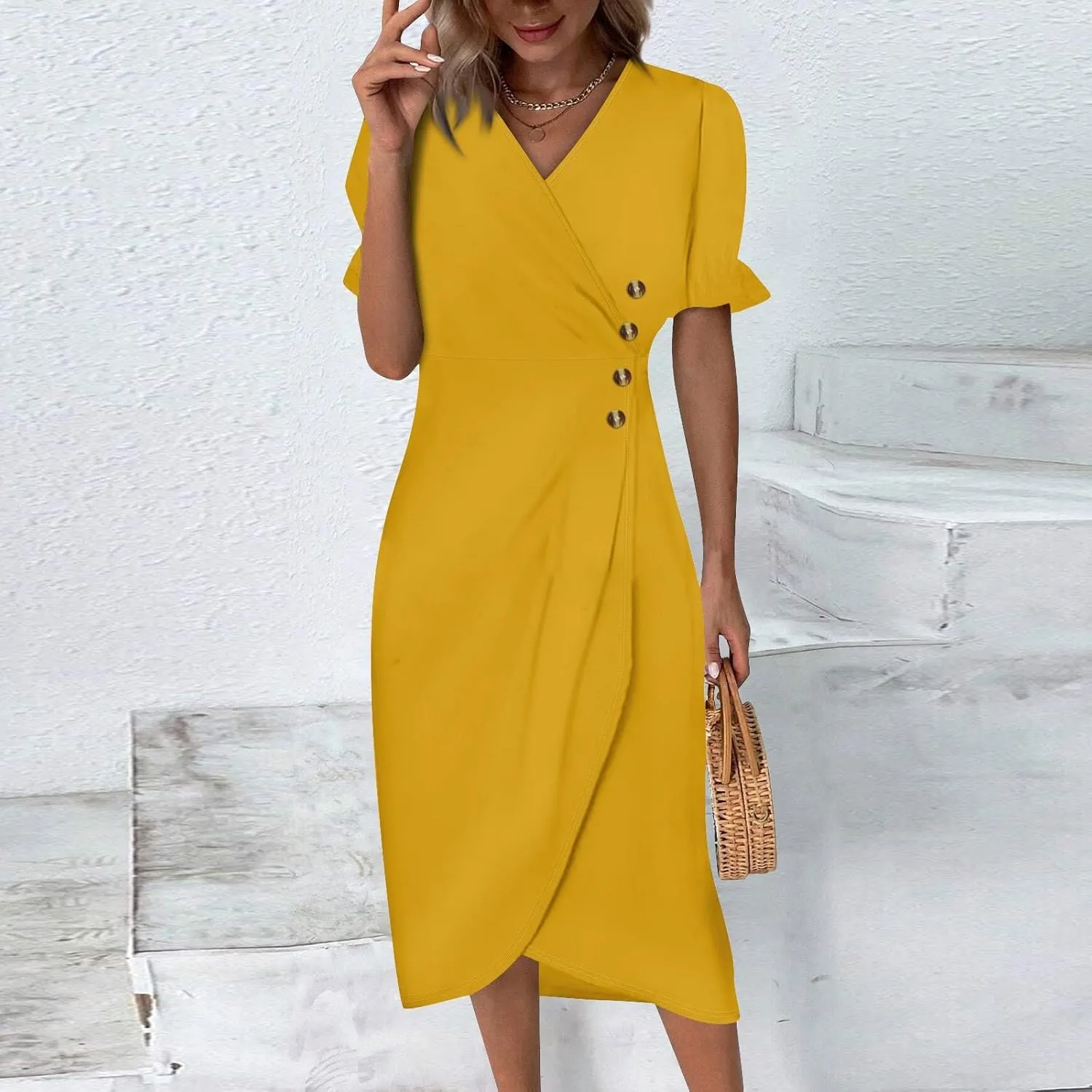 Travel Dresses for Women,Summer Elegant Wrap V Neck Boho Dress Flowy Ruched Hawaiian Maxi Summer Dress