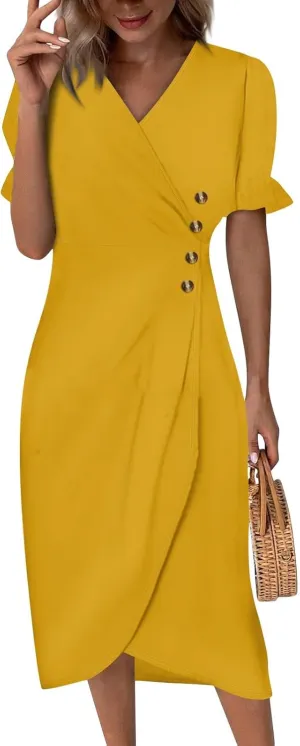 Travel Dresses for Women,Summer Elegant Wrap V Neck Boho Dress Flowy Ruched Hawaiian Maxi Summer Dress
