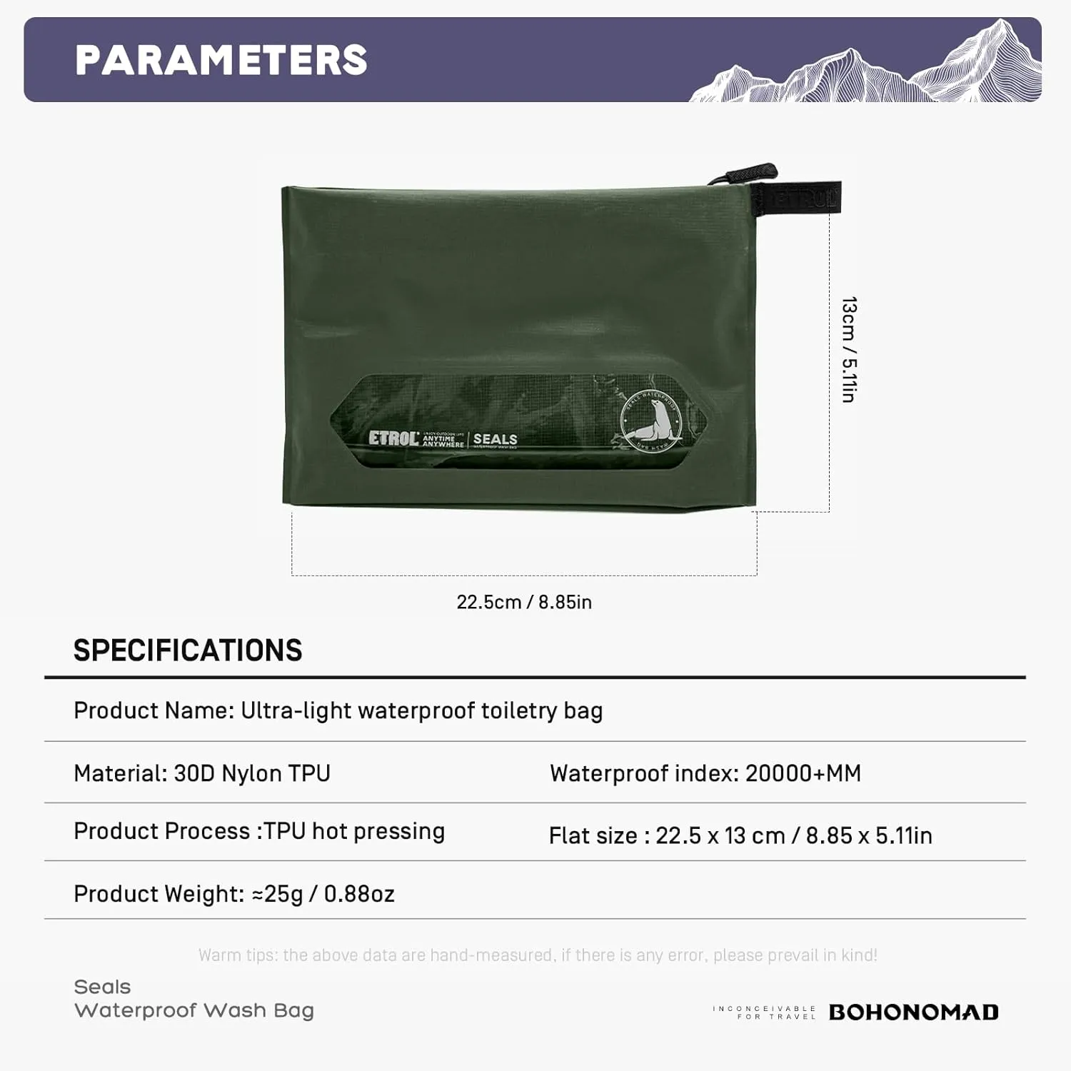 Travel waterproof toiletry bag, Zipper Styles, Olive Green