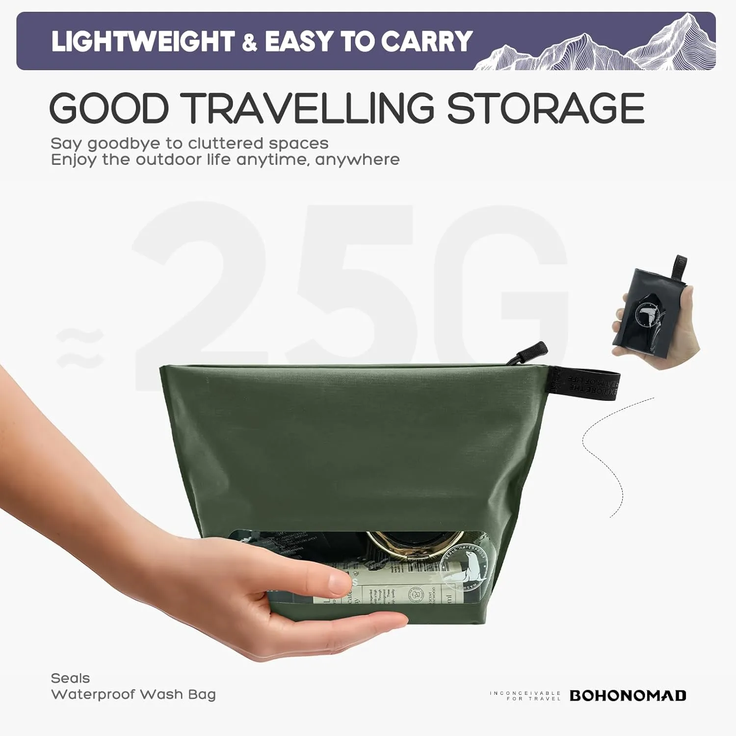 Travel waterproof toiletry bag, Zipper Styles, Olive Green