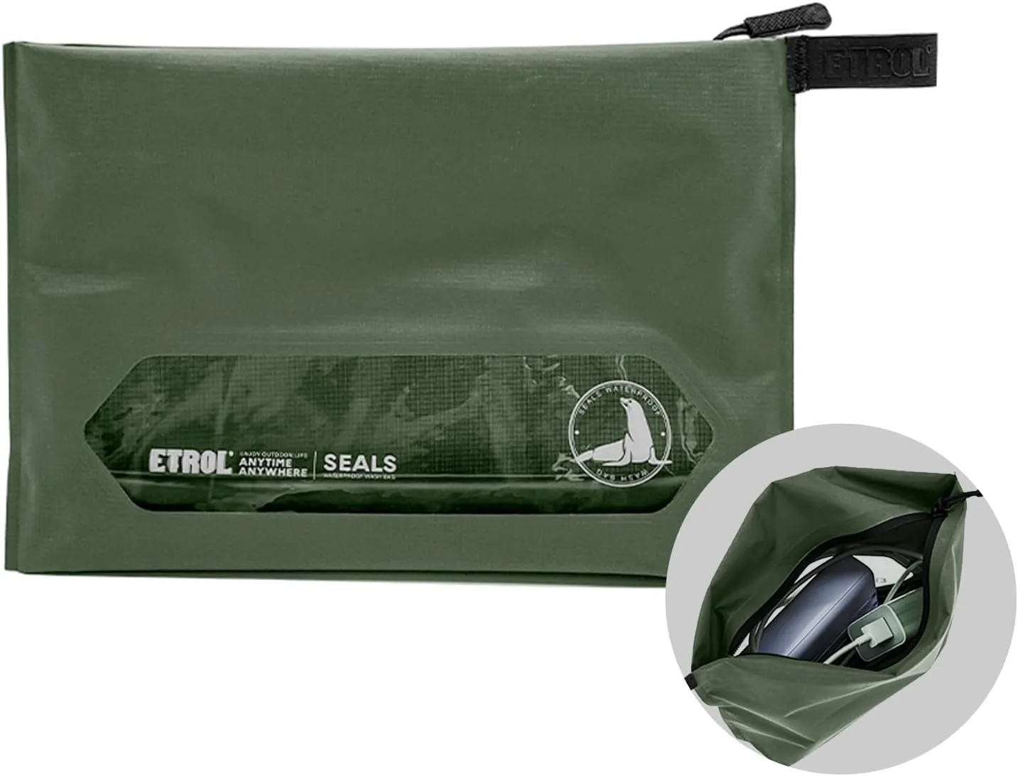 Travel waterproof toiletry bag, Zipper Styles, Olive Green