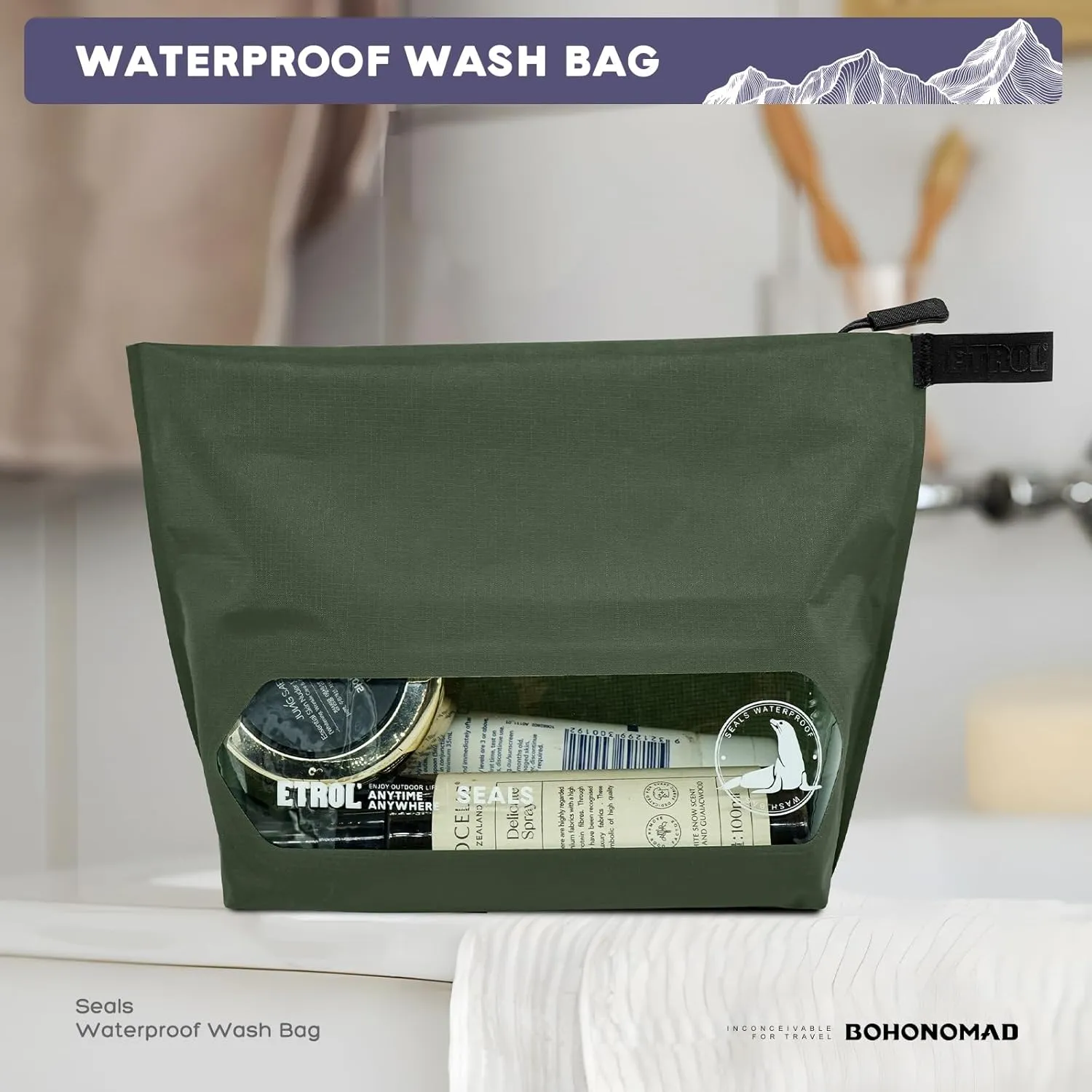 Travel waterproof toiletry bag, Zipper Styles, Olive Green