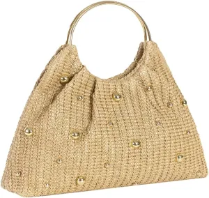 Trendy Straw Clutch Purse for Women Round Handheld Evening Handbag Exquisite Metal Beaded Bag Party Wedding Top-Handle Purse