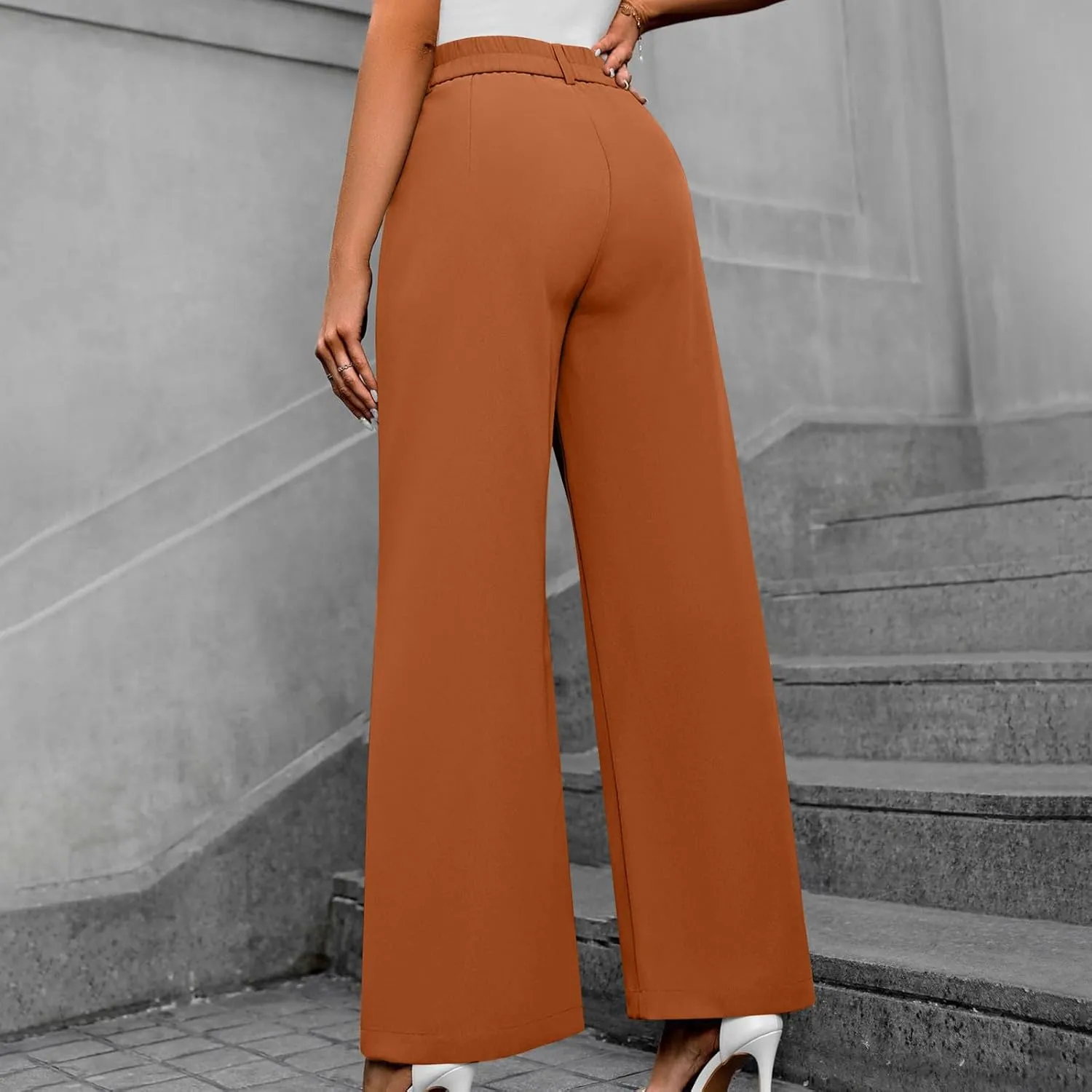 Trousers for Women Workwear Pleated Front Elastic Waist Straight Wide Leg Pants Outdoor Office Dressy Lounge Trousers