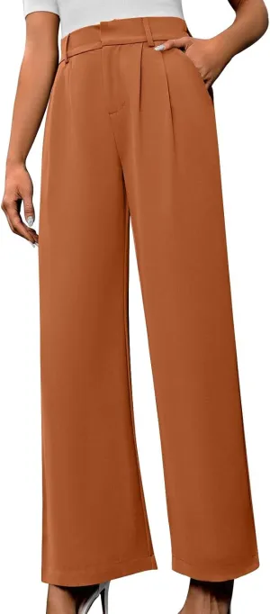 Trousers for Women Workwear Pleated Front Elastic Waist Straight Wide Leg Pants Outdoor Office Dressy Lounge Trousers