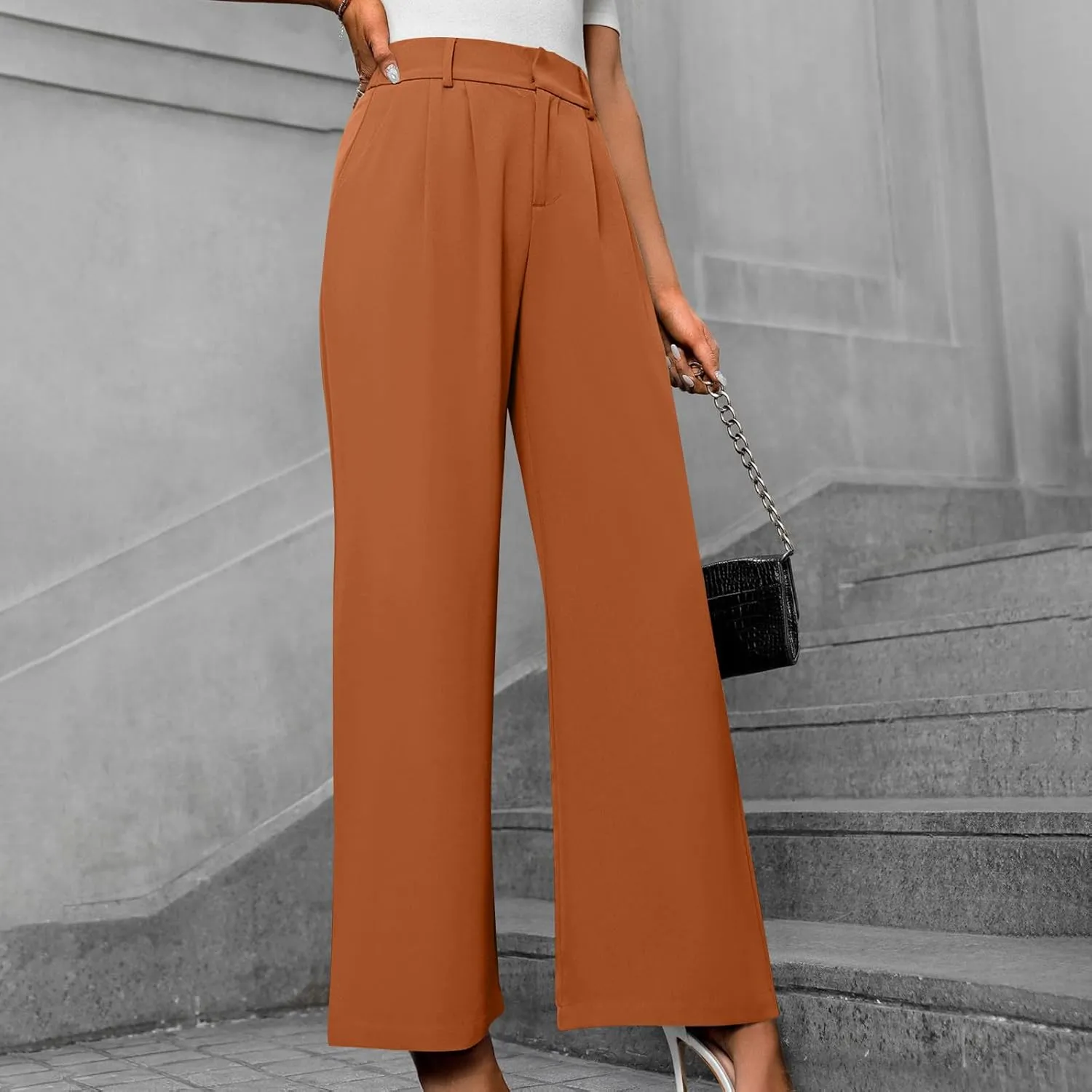 Trousers for Women Workwear Pleated Front Elastic Waist Straight Wide Leg Pants Outdoor Office Dressy Lounge Trousers