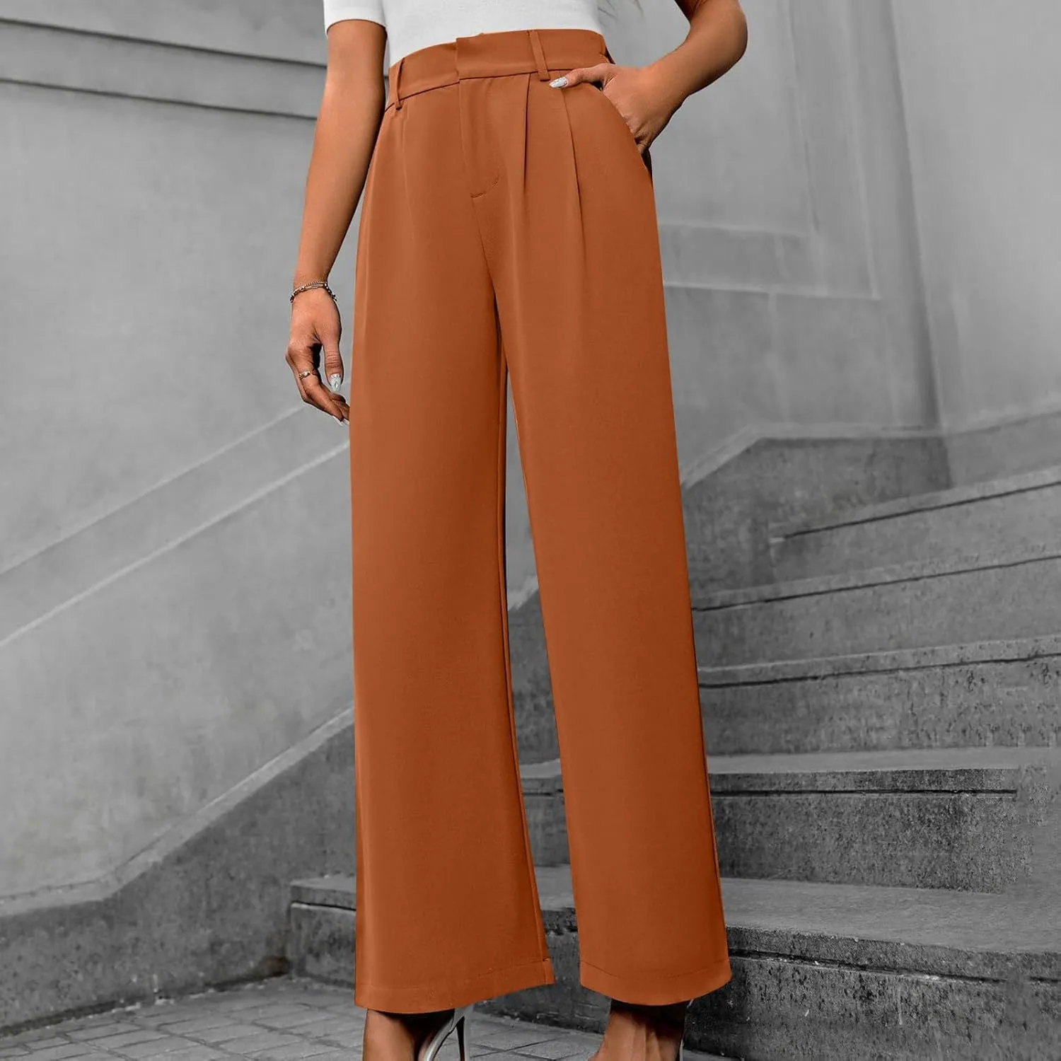 Trousers for Women Workwear Pleated Front Elastic Waist Straight Wide Leg Pants Outdoor Office Dressy Lounge Trousers
