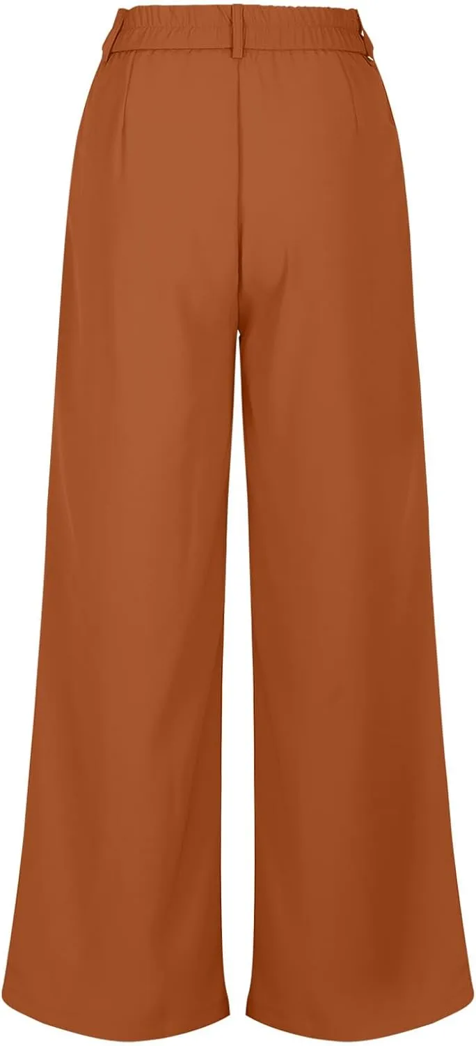 Trousers for Women Workwear Pleated Front Elastic Waist Straight Wide Leg Pants Outdoor Office Dressy Lounge Trousers