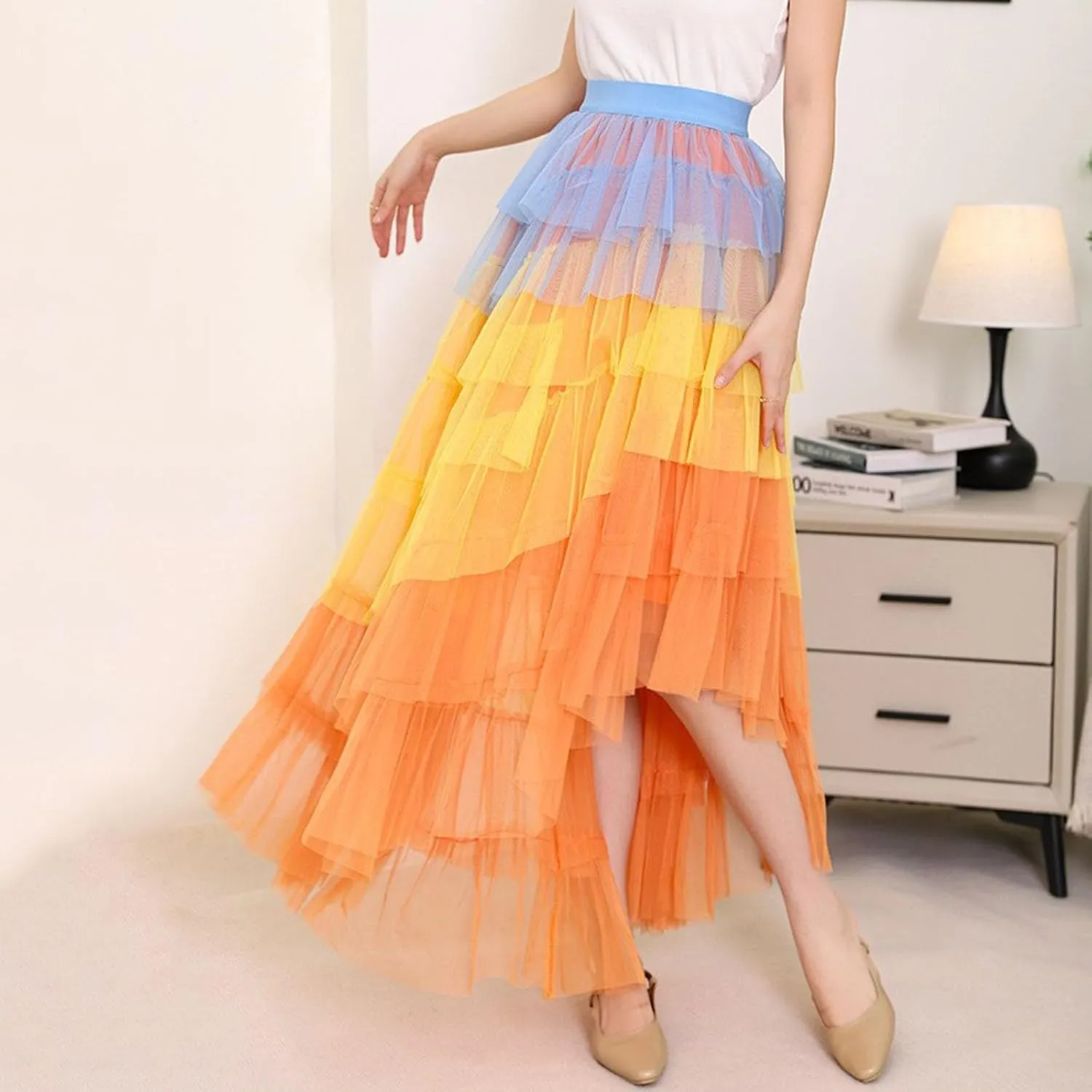 Tulle Skirt for Women High Waist Skirt Elegant Flared A Line Midi Skirt Casual Mesh Pleated Prom Wedding Cocktail Party Skirt
