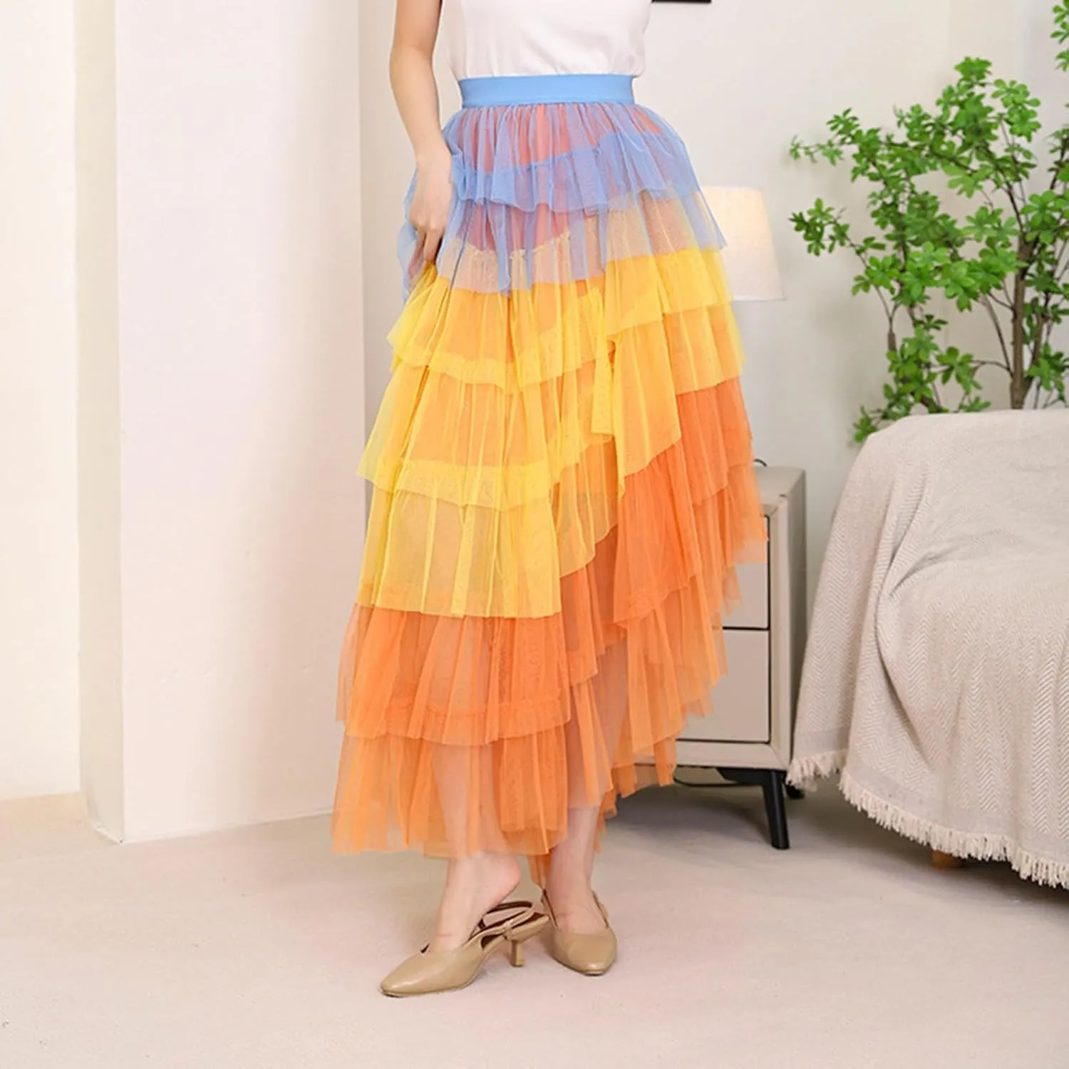 Tulle Skirt for Women High Waist Skirt Elegant Flared A Line Midi Skirt Casual Mesh Pleated Prom Wedding Cocktail Party Skirt
