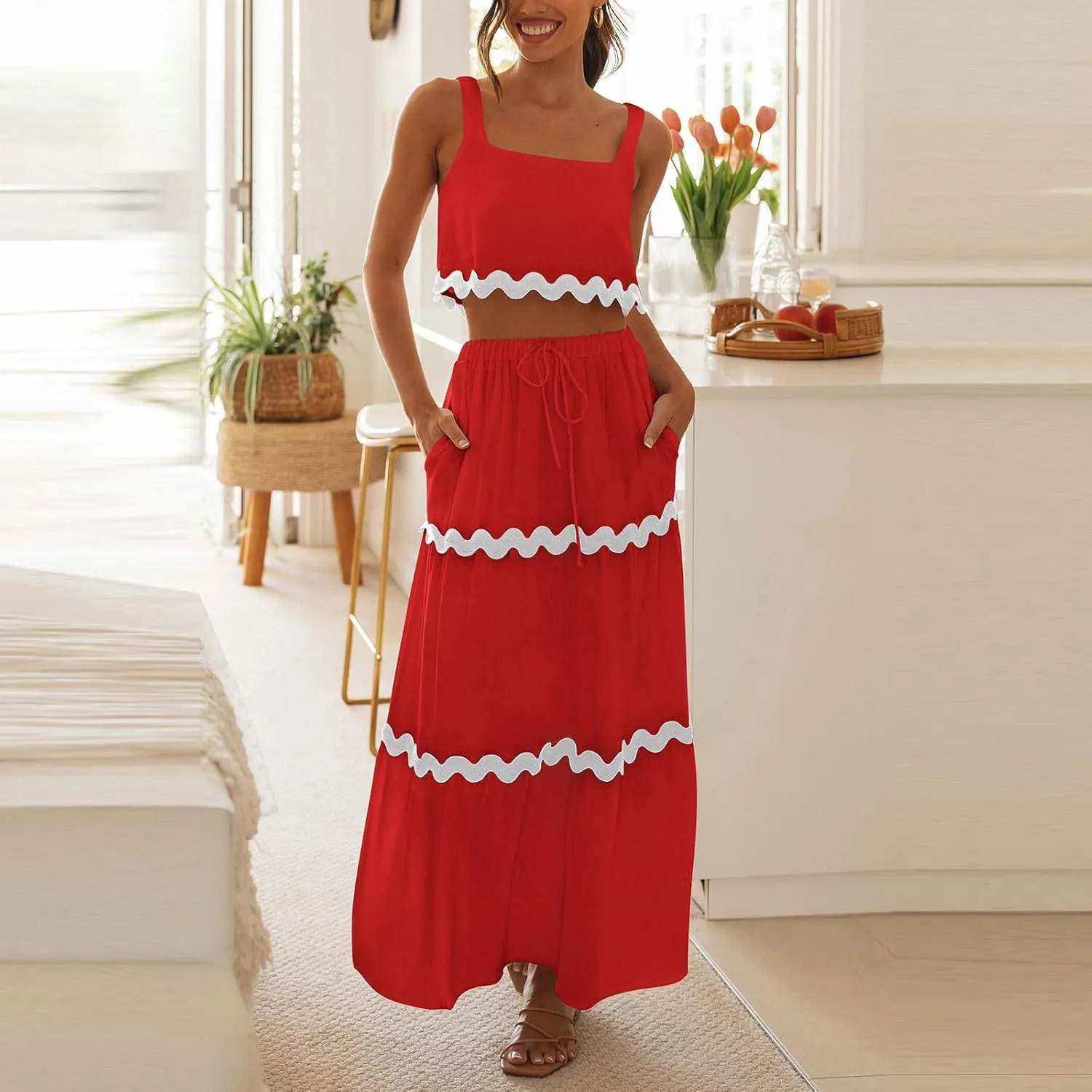 Two Piece Skirt Set For Women Trendy Summer Sleeveless Crop Tops High Waisted Maxi Skirt Sets Beach Vacation Outfits