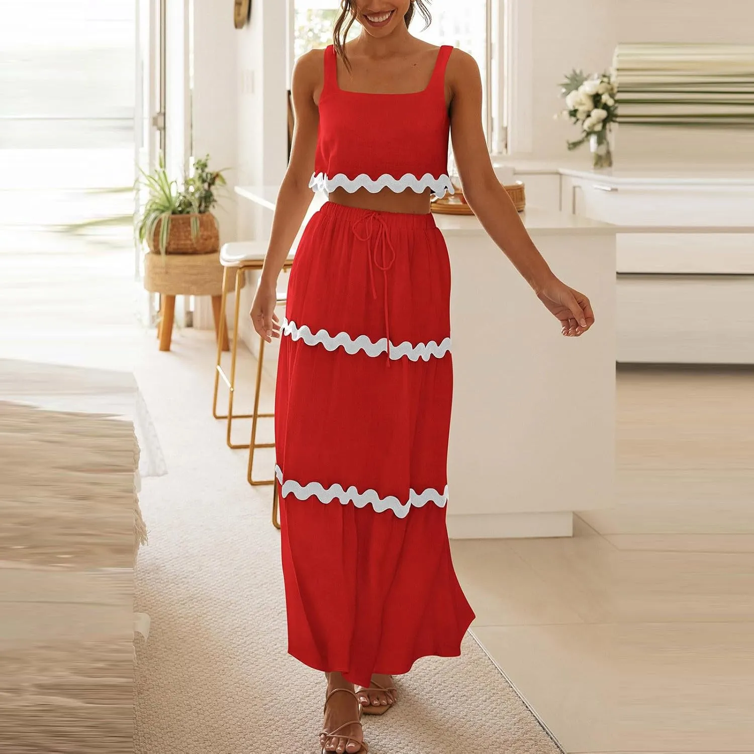 Two Piece Skirt Set For Women Trendy Summer Sleeveless Crop Tops High Waisted Maxi Skirt Sets Beach Vacation Outfits