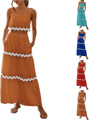 Two Piece Skirt Set For Women Trendy Summer Sleeveless Crop Tops High Waisted Maxi Skirt Sets Beach Vacation Outfits