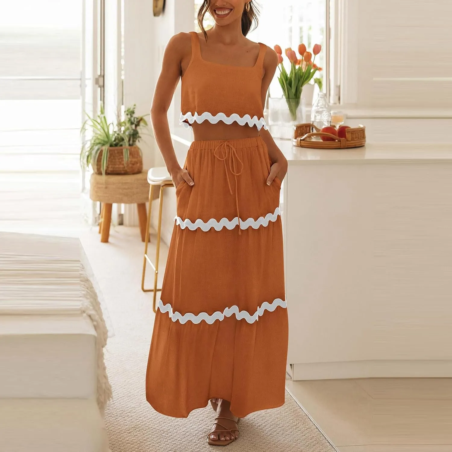 Two Piece Skirt Set For Women Trendy Summer Sleeveless Crop Tops High Waisted Maxi Skirt Sets Beach Vacation Outfits