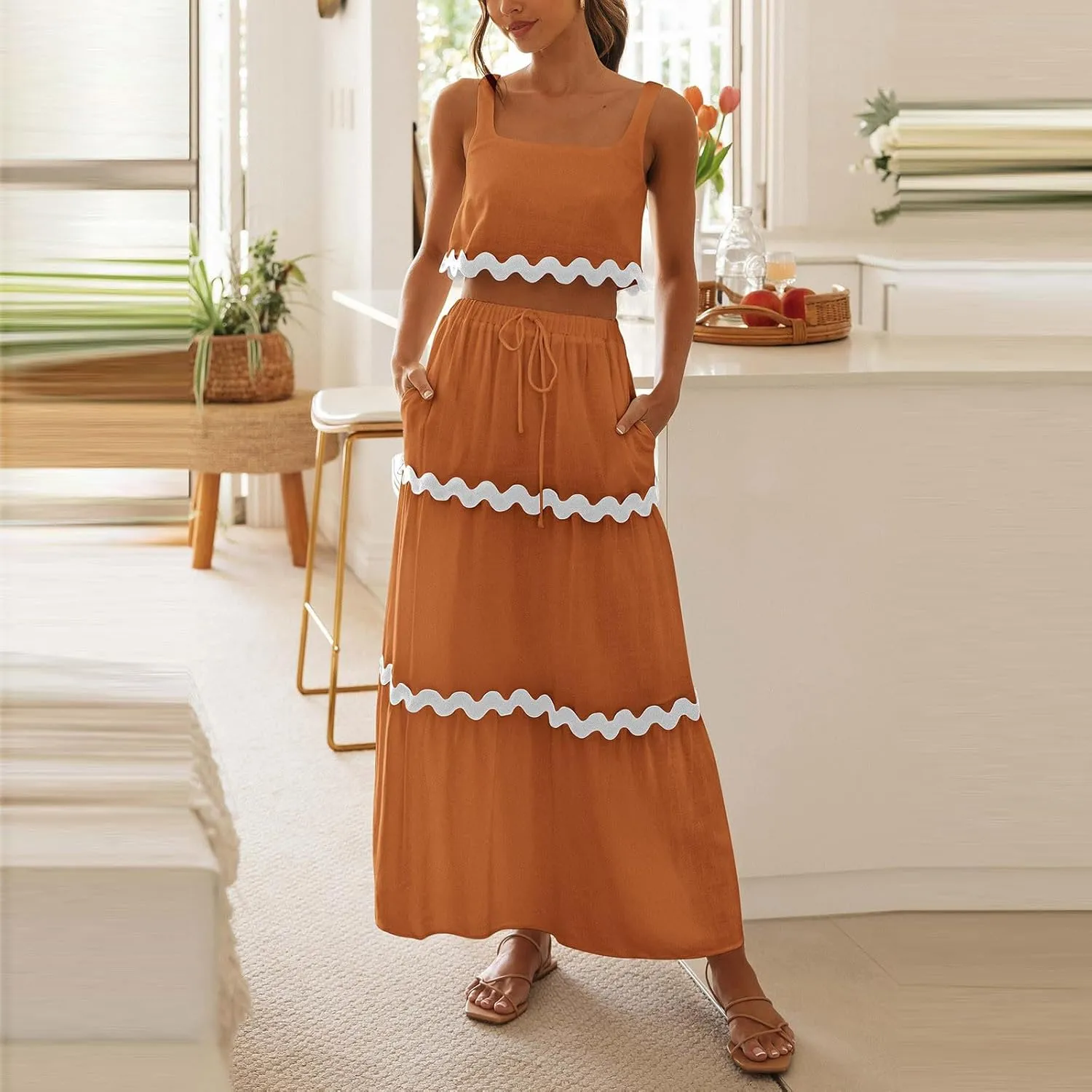 Two Piece Skirt Set For Women Trendy Summer Sleeveless Crop Tops High Waisted Maxi Skirt Sets Beach Vacation Outfits