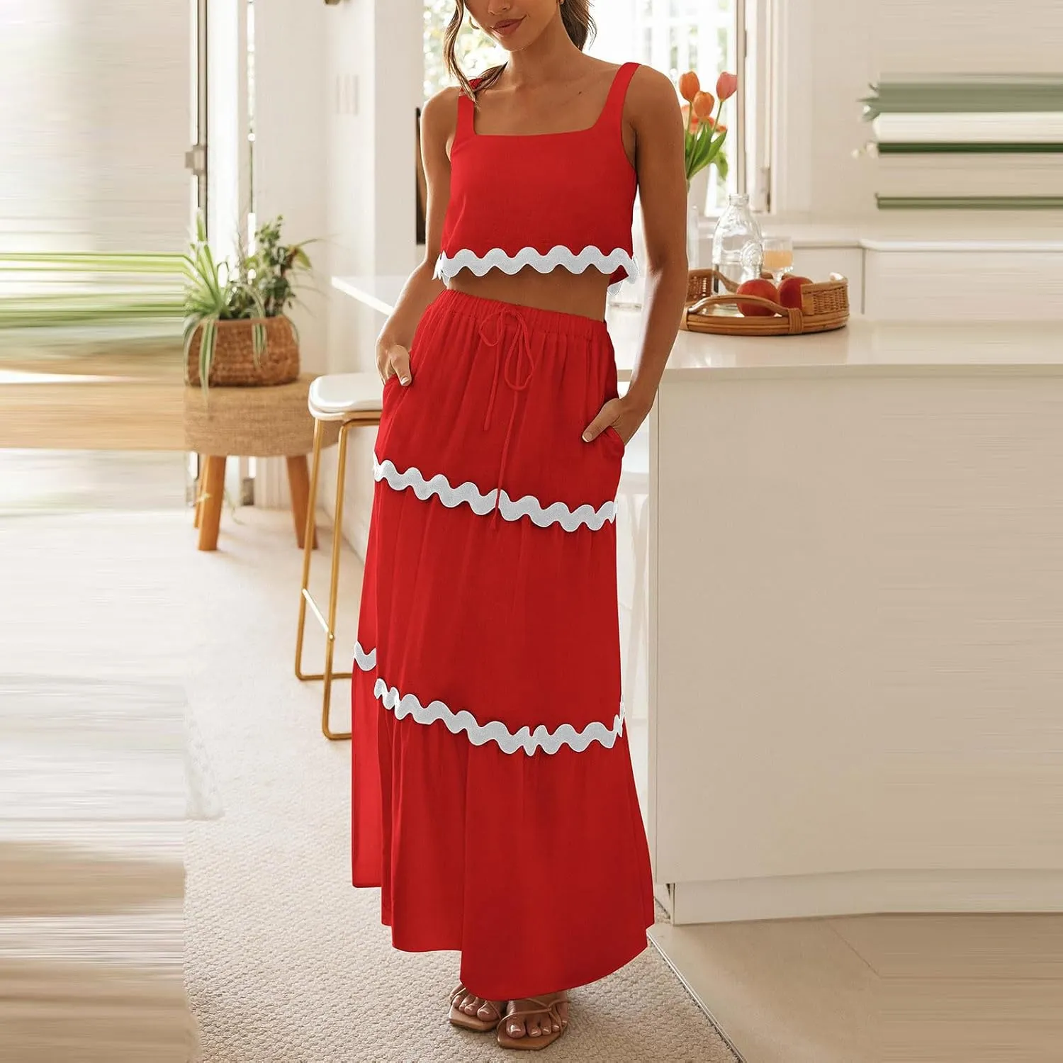 Two Piece Skirt Set For Women Trendy Summer Sleeveless Crop Tops High Waisted Maxi Skirt Sets Beach Vacation Outfits